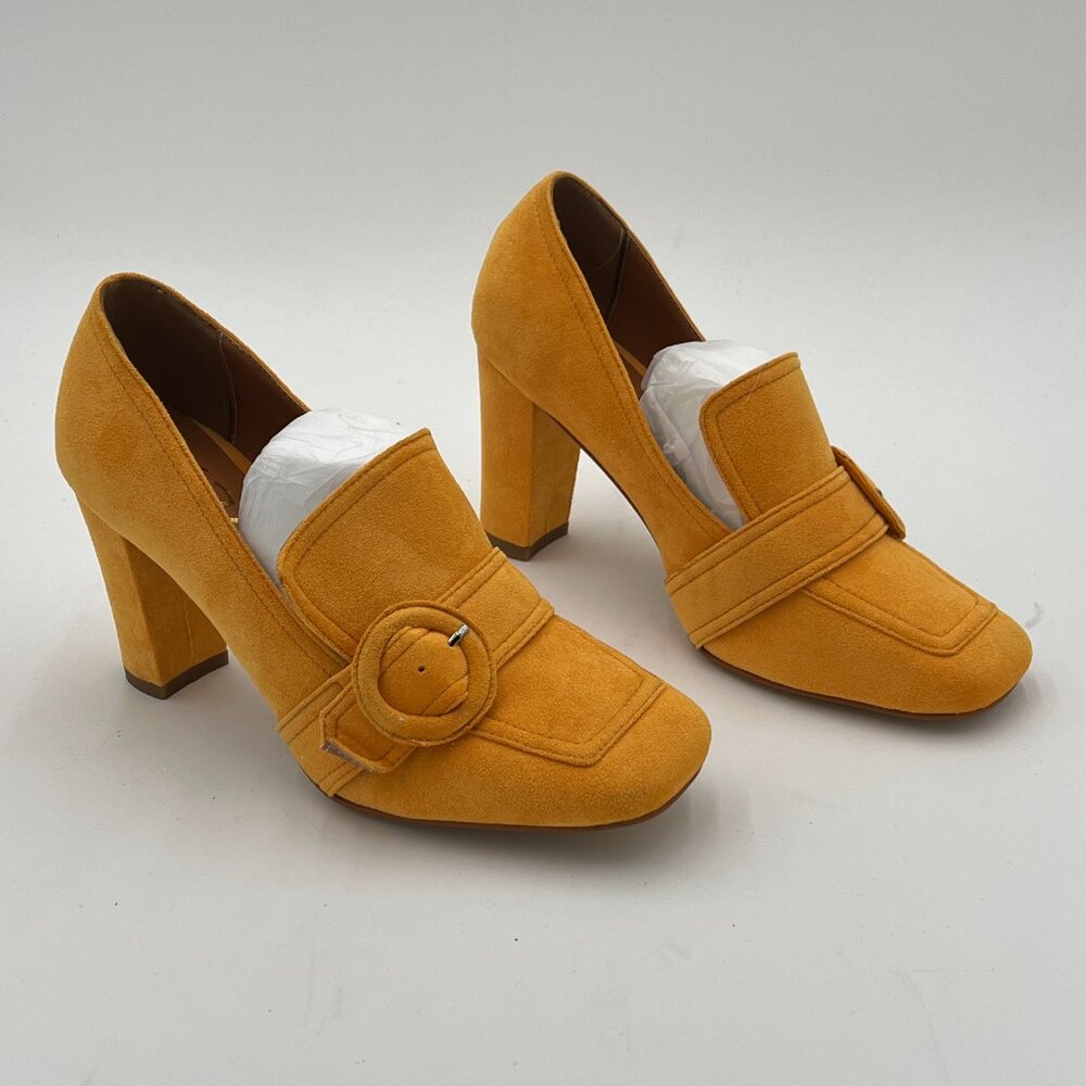 YDN Yellow Chunky High Heels Square Toe Loafer Shoes Slip On Suede Office Pumps - Picture 4 of 6